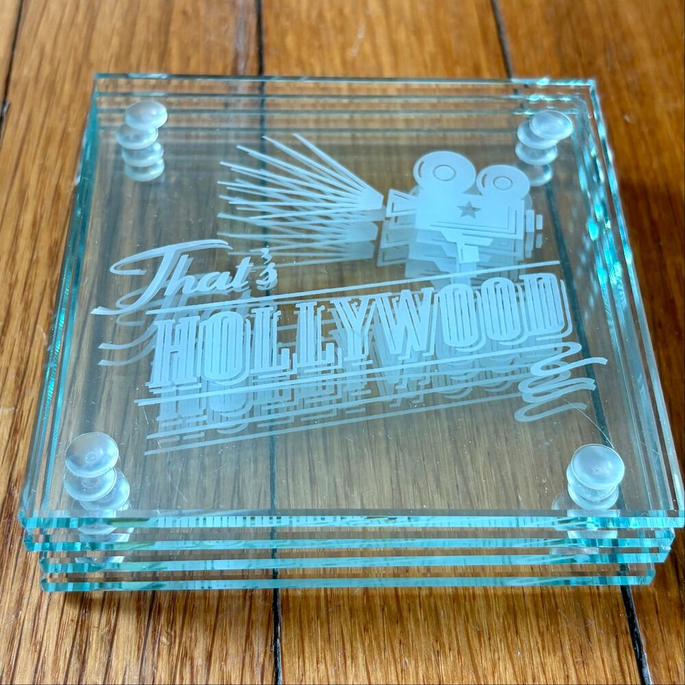 Vintage That’s Hollywood Etched Glass Coasters Movie Camera Set of 4